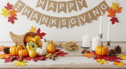 A rustic wooden table adorned with a cornucopia filled with pumpkins, gourds, and acorns, surrounded by autumn leaves and a burlap banner reading 'Happy Thanksgiving' with maple leaves and pinecones.