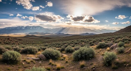 Sunlight filtering through clouds over a vast, open landscape with rolling hills and mountains in the distance.