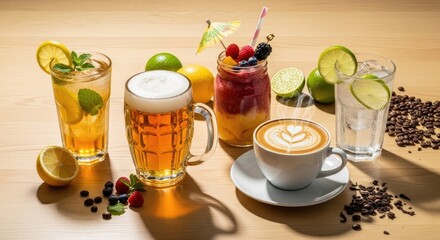 A table with various drinks and fruits, including lemonades, iced tea, coffee, and fresh berries.