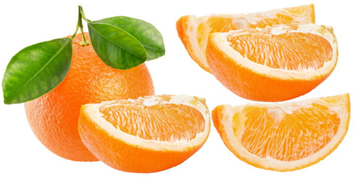 fresh, whole orange with green leaves and several juicy orange segments displayed alongside, isolated on a transparent background.