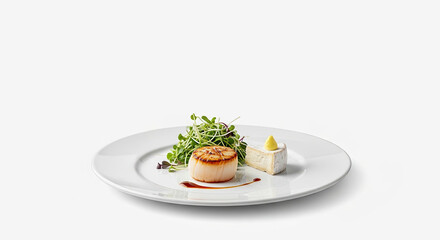 A plate with a grilled scallop, a piece of brie cheese, and a side of microgreens on a white plate.