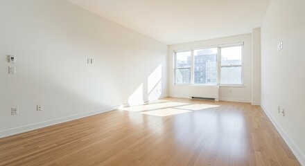 A spacious, well-lit living room with hardwood floors and a large window, featuring a white wall and a white couch.
