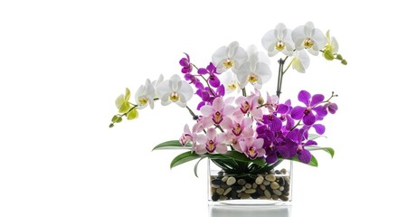 A beautiful arrangement of white and purple orchids in a clear glass vase with pebbles on a white background.