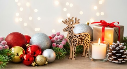 Christmas decorations with a wooden reindeer, baubles, and a lit candle on a wooden table.