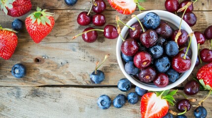 Fresh Mixed Berries in White Bowl on Wooden Surface with Strawberries and Blueberries