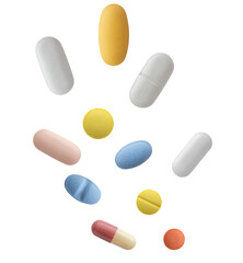 high-angle photograph showing various pharmaceutical tablets, capsules, and pills suspended or falling against a solid dark black studio background.