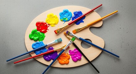 A wooden art palette with various paintbrushes and paint samples on a gray surface.