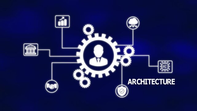Digital Architecture Network Illustration Showing Connected Business Icons, Central User Gear System, and Modern Organizational Mapping for Strategic Structure.