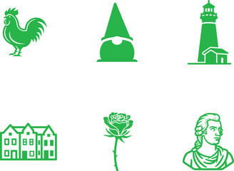 Collection of Green Vector Icons Featuring Rooster Gnome Lighthouse Buildings Rose and Mozart Bust on White Background for Graphic Design and Creative Projects