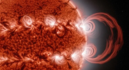 A solar flare erupting from the sun's surface. The solar concept of energy and power. The sun's surface is a fiery red-orange color with swirling plasma and magnetic fields.