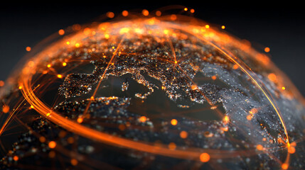 Abstract 3D energy sphere with rays and particles in space, depicting flowing energy and motion. A futuristic visualization ideal for technology, science, engineering, or environmental concepts like g