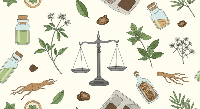 Seamless pattern with balancing scales, adaptogenic herbs like ginseng, and essential oil bottles in a vintage, hand-drawn design.