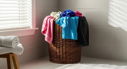 A wicker laundry basket filled with colorful laundry, including a pink towel, a blue shirt, and a black pair of jeans, in a bathroom with a window and tiled walls.