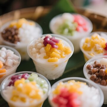 4k high quality Ai generative HD photo realistic menu selling eat food healthy dessert traditional fruit Indonesia Chinese ice mix es puter dawet nangka campur milk serut ice cream kacang peanut