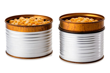 canned corn, two silver tins with yellow corn on transparent background.