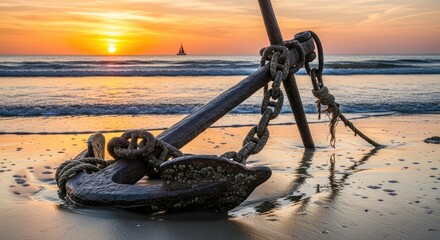 An anchor on a beach at sunset with a sailboat in the distance.