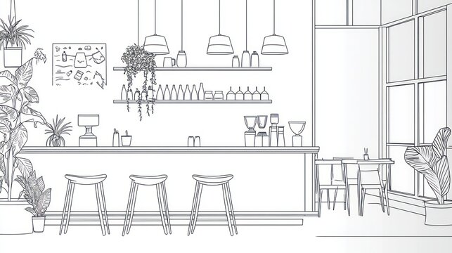 Line drawing of a bar interior with furniture, plants and a window