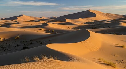 Desert landscape with sand dunes and sparse vegetation.