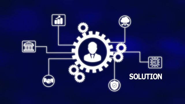 Digital solution concept showing interconnected gear icons, workflow pathways, analytical elements and technology-powered problem-solving visualization.