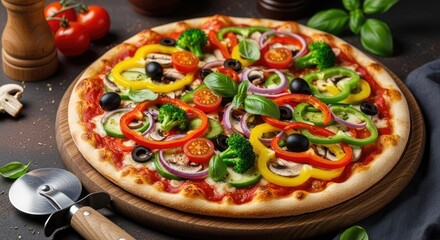 A delicious vegetable pizza with colorful toppings on a wooden board.