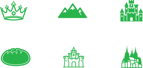 Green icons of royalty food nature and architecture showcasing a crown loaf of bread mountain ranges and various castle illustrations for design element applications