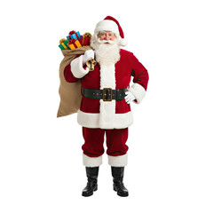 A man dressed as Santa Claus holding a sack of gifts.