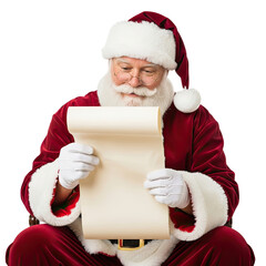 Santa Claus reading a scroll with a blank sheet of paper in his hands.