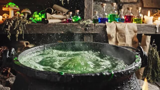 Bubbling cauldron with mystical potion and eerie ambient light