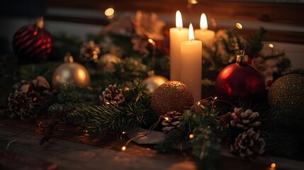 Festive Christmas Candles with Ornaments, Pinecones, and Garland on Wood Surface
