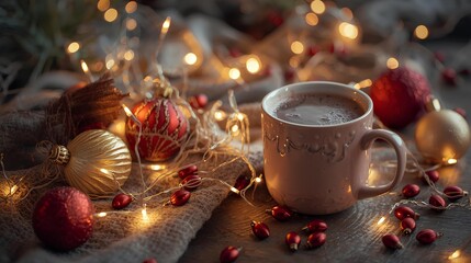 Warm Cocoa, Christmas Ornaments and Fairy Lights A Cozy Holiday Season Still Life