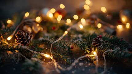 Christmas lights, pine cones, and evergreen branches creating a festive holiday scene