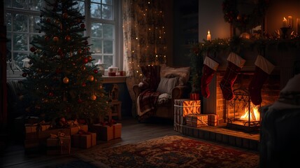 Cozy Christmas Room with Presents and Fireplace Warmth for Festive Holiday Season