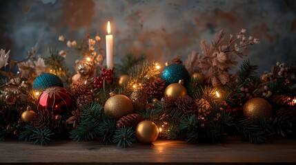 Festive Christmas Garland with Candlelight, Ornaments, and Holiday Decorations Display