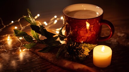 Cozy Christmas Night Warm Mug, Candlelight, and Holiday Lights on Wooden Table