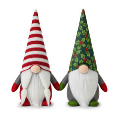 Two festive Christmas gnomes with striped hats and green holly leaves on their hats.