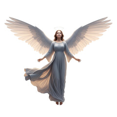 A serene angel with wings and a halo, floating in a white space with a soft, ethereal glow.