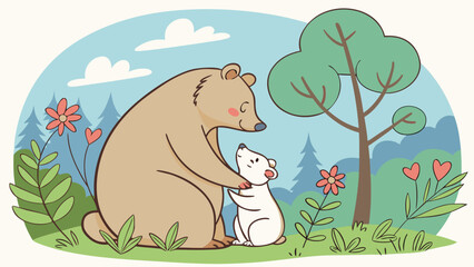 A brown bear hugging a white bear cub in a forest with flowers and a tree on a sunny day scene