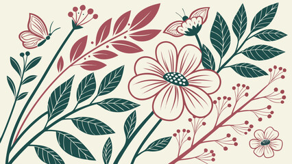 Fototapeta premium Illustration of a butterfly, flowers, leaves, and berries on a cream colored background design style