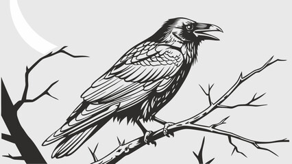 Fototapeta premium A raven perched on a bare branch under a crescent moon in a black and white illustration style
