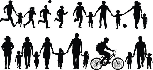 Family, silhouette, bonding, walking, running, playing, cycling, lifestyle, motion, parent, child, love, connection, outdoor, minimal, black, health, togetherness, activity, figures