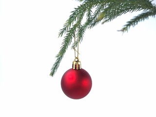 A red Christmas ornament hangs from a tree branch. The ornament is spherical with a matte finish, suspended by a gold string attached to a metal cap. The branch features green, needle-like leaves