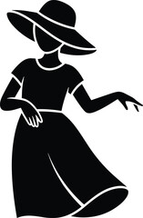 Fashion silhouette, wide-brimmed hat, elegant pose, dress style, graceful gesture, black and white, minimalist, character design, illustration, movement