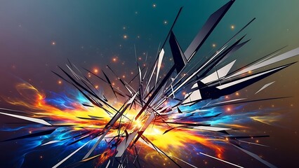 Abstract explosion of sharp geometric shapes and vibrant colors