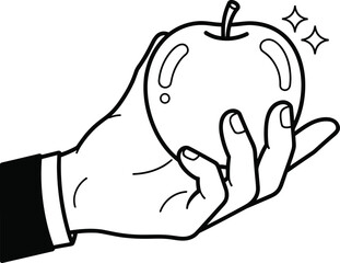 Hand holding shiny apple, black and white illustration, symbolic offering gesture, health and temptation concept, minimalist food art