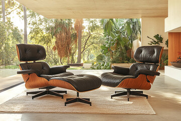 Fototapeta premium A stylish living space featuring two iconic lounge chairs with leather upholstery, complemented by a natural light-filled environment and greenery.