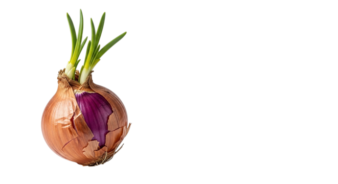 Fresh brown onion bulb with vibrant green sprouts emerging from the top, revealing a hint of purple skin, isolated on transparent background