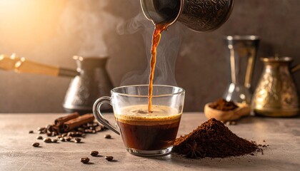 Aromatic coffee being poured into glass