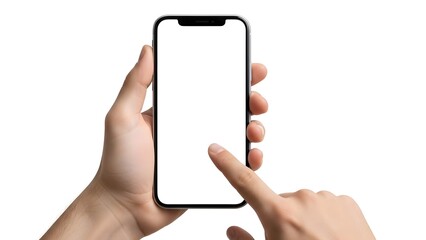 hands holding a modern smartphone with a blank white screen, perfect for showcasing mobile app interfaces or digital content