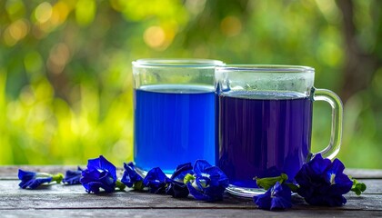 Blue beverage display with blossoms on wood