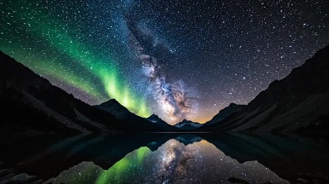 Milky Way Emerald Core Over Alpine Lake. Starry Night with Electric Blue Nebulae. Silhouetted Mountain Peak Reflection.